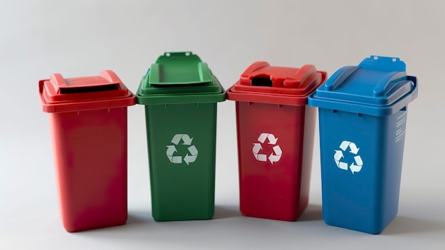 Free photo three miniature recycle bins generat ai