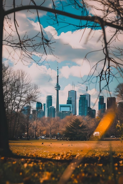 Photo free photo toronto skyline over park with urban buildings and blue sky