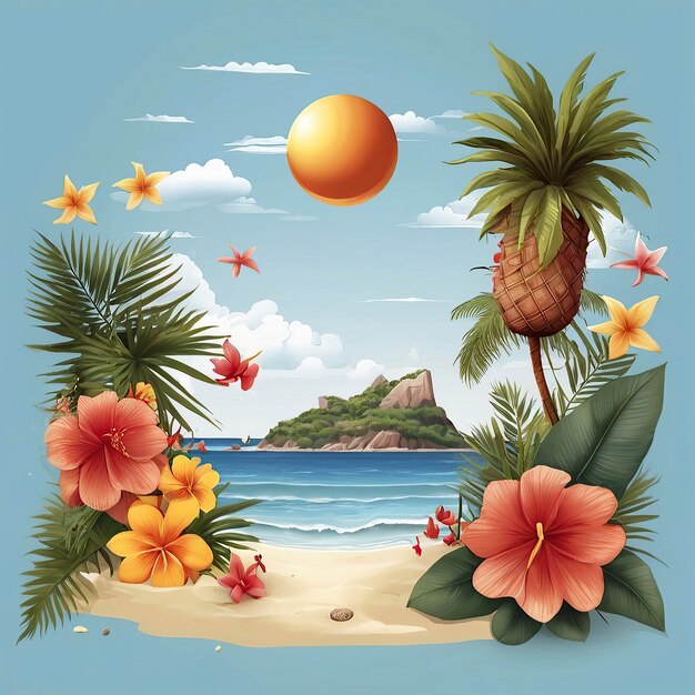 Free Photo vector summer holiday illustration on sky blue background with beach elements and tropica