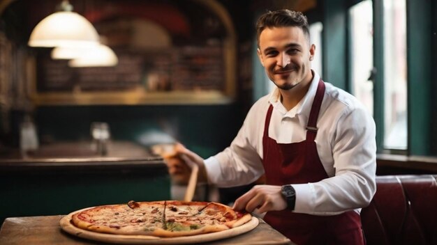 Free photo a waiter serves pizza in an old coffee shop