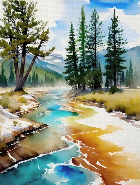 Free Photo of Yellowstone National Park Watercolor Painting