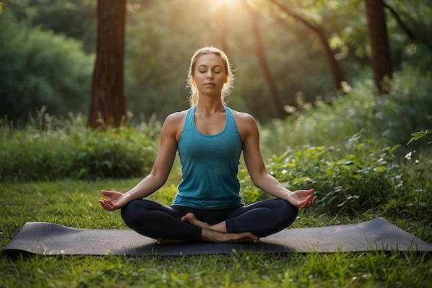 Free photo young beautiful woman doing yoga in nature