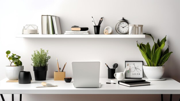 free photos White stylish workplace in home office area with wooden chairs and table Generative AI