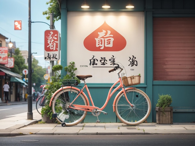 Free PSD Bicycle Shop Sign on the Street of the City Urban Design Mockup