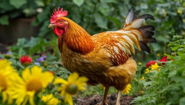 Free range rooster pecking in green meadow generated by AI