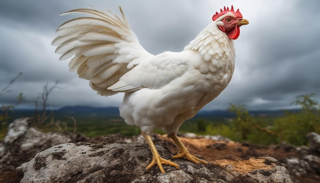 Free range rooster standing in rural meadow generated by AI