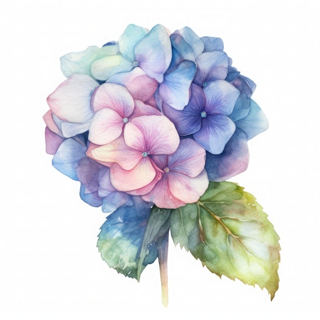 Free single blue Hydrangea folwer water color pastel white background generat ai