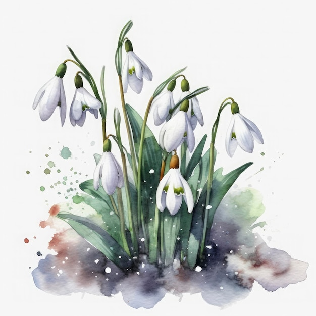 Free snowdrops flowers water color pastel white background generat ai