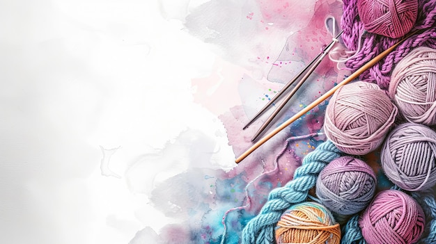 Photo free space on the left corner for title banner with a watercolor style knitting balls of yarn knitting needles white background