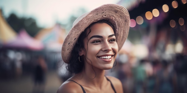 A free spirit happy content woman at a fair amusement