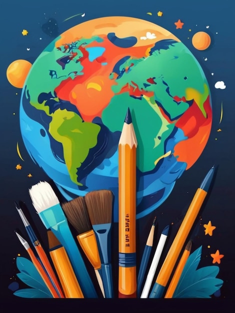 Free vector flat world art day vertical poster template with artistic tools