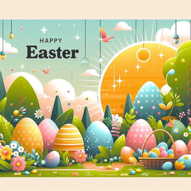 Free vector poster design for easter with decorated eggs in garden