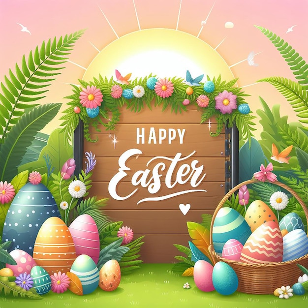 Free vector poster design for easter with decorated eggs in garden