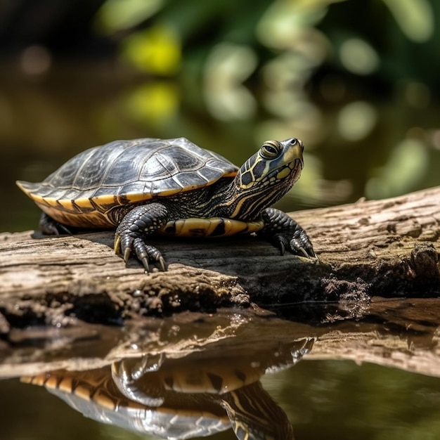 A free water cute turtle in a nature reserve basking on a branch coming out of the water