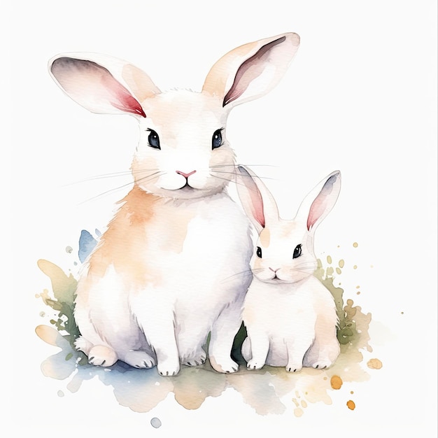 Free white bunny mother with white bunny child water color pastel white background generat ai