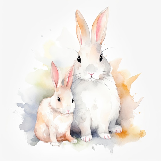 Free white bunny mother with white bunny child water color pastel white background generat ai