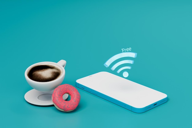 Free WiFi in the cafe a smartphone with a WiFi icon a cup of coffee and a donut