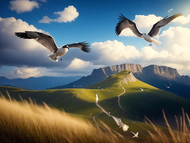 Freedom Birds flying on the hill