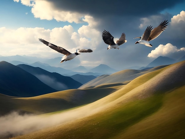 Freedom Birds flying on the hill