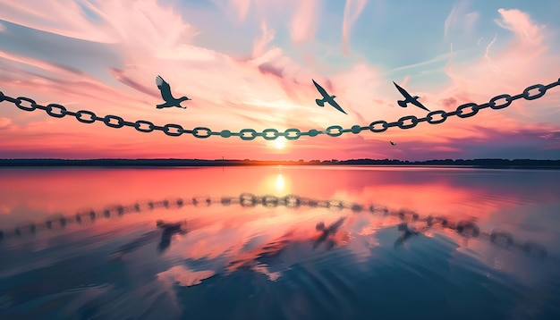 Freedom concept Silhouettes of broken chain and birds flying over river at sunset