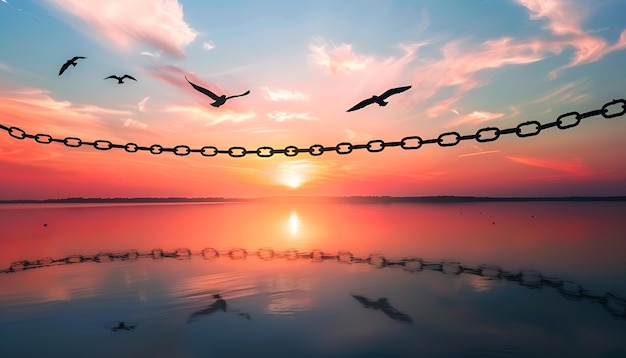 Photo freedom concept silhouettes of broken chain and birds flying over river at sunset