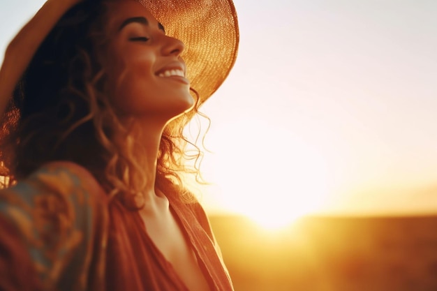 Photo freedom flare and sky with a woman outdoor at sunset during summer to relax with fresh air