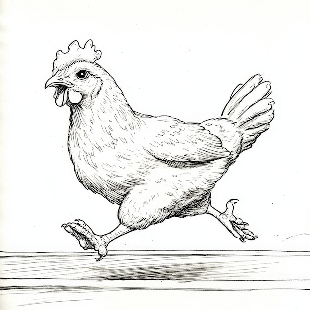 Photo freehand drawing of a hen on a white background ink illustration