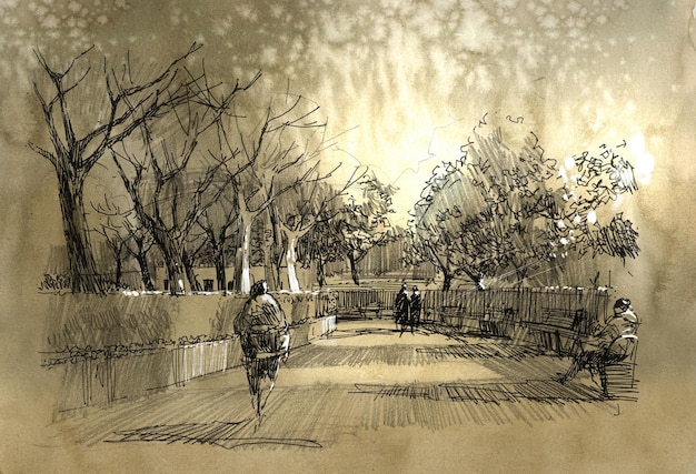 freehand sketch of city park walkway