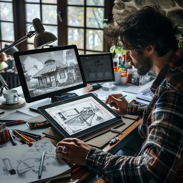 Photo freelance graphic designer at a cozy home office