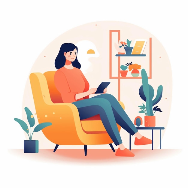 Freelance woman sitting in armchair and working on tablet Freelance remote work concept