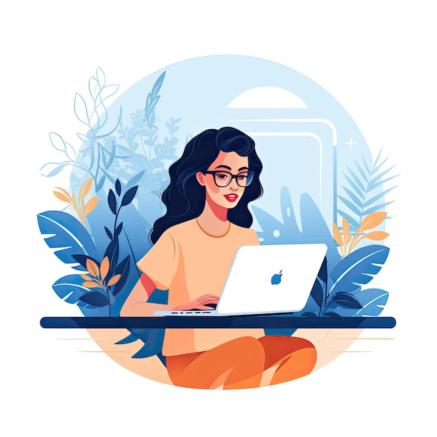 Freelance woman working on laptop at home Freelance remote work freelance Vector illustration