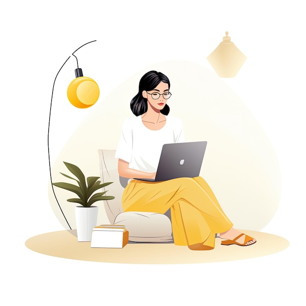 Freelance woman working on laptop at home Freelance remote work freelance Vector illustration