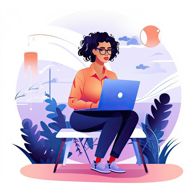 Freelance woman working on laptop at home Freelance remote work freelance Vector illustration