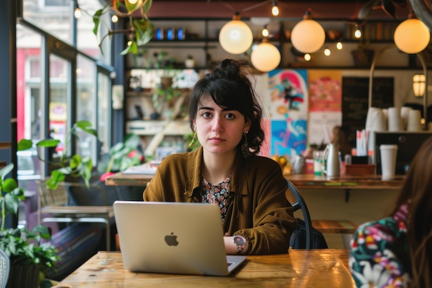 Photo a freelancer is working in a trendy cafe surrounded by greenery using a laptop to stay productive aig58