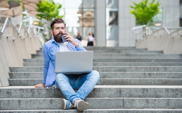 Freelancer man has communication at coffee break banner freelancer man has communication