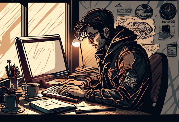 Freelancer man worksbehind a laptop Home office illustration AI generative