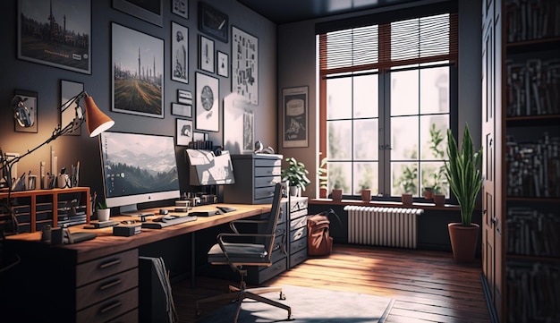 Freelancer modern work desk room interior design AI Generated image