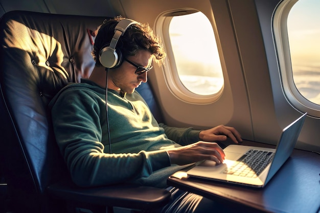 Freelancer programming on a laptop in the first class of an airplane