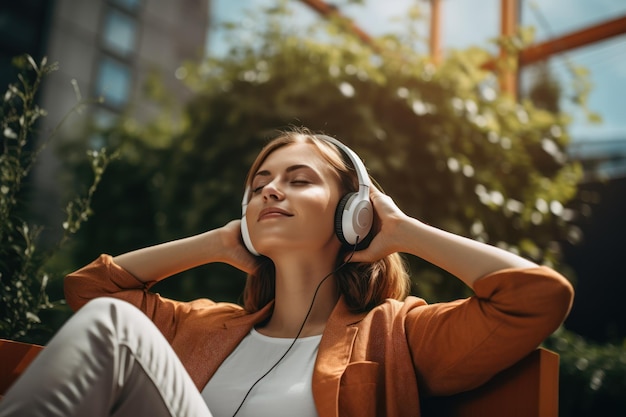 Freelancer relaxing and listening to music through wireless in ear headphones