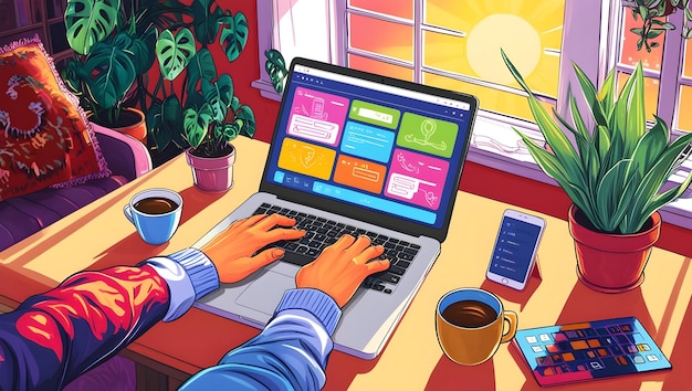 freelancer working on computer Freelancers Vibrant Home Office with Technology and Houseplants