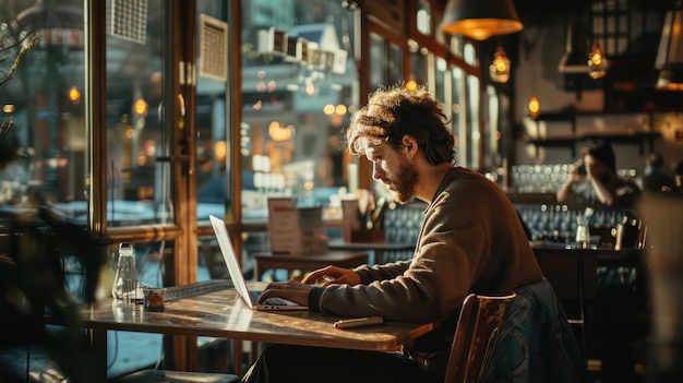 A freelancer working on a freelance project in an internet cafe enjoying the flexibility of remote