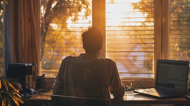 A freelancer working at his home office in front of the window