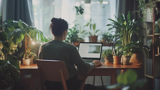 A freelancer working on a laptop in a cozy home office with indoor plants and minimalistic decor