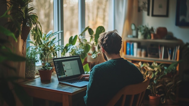 A freelancer working on a laptop in a cozy home office with indoor plants and minimalistic decor