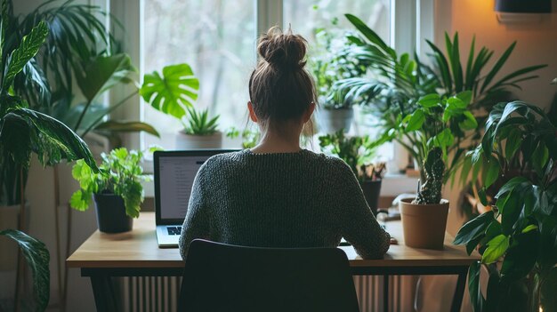 Photo a freelancer working on a laptop in a cozy home office with indoor plants and minimalistic decor