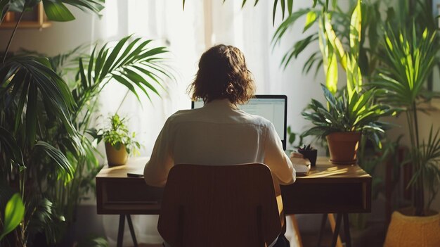 Photo a freelancer working on a laptop in a cozy home office with indoor plants and minimalistic decor