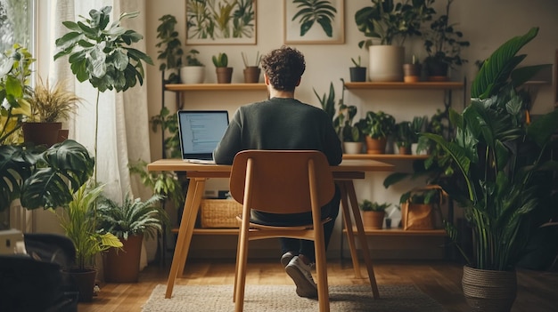 A freelancer working on a laptop in a cozy home office with indoor plants and minimalistic decor