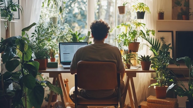 A freelancer working on a laptop in a cozy home office with indoor plants and minimalistic decor