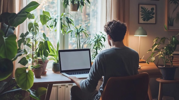 A freelancer working on a laptop in a cozy home office with indoor plants and minimalistic decor