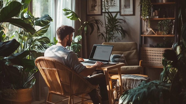 Photo a freelancer working on a laptop in a cozy home office with indoor plants and minimalistic decor